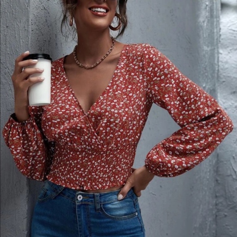 Floral print v neck rust long sleeve shirred blous